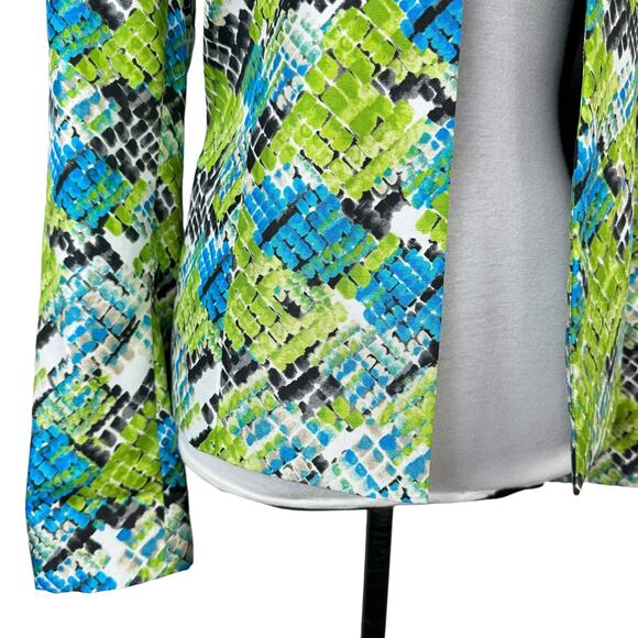 Kasper Bright Blue Green Reptile Print Collarless Open Front Jacket Blazer - Picture 6 of 12